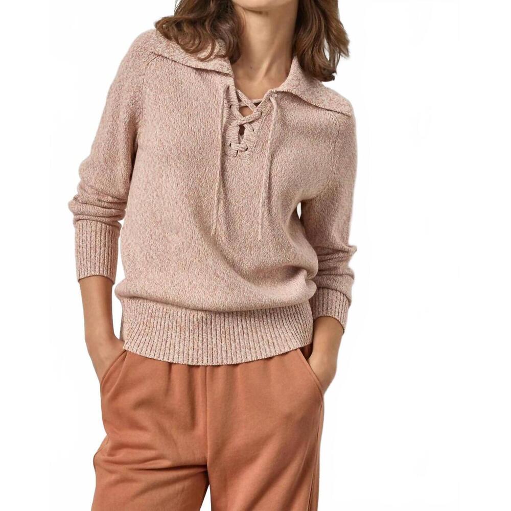 NEW LILLA P lace neck polo sweater in driftwood marl